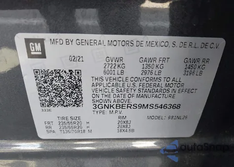 2021 Chevrolet Blazer Fwd Rs из США, поврежденный, VIN 3GNKBERS9MS546368